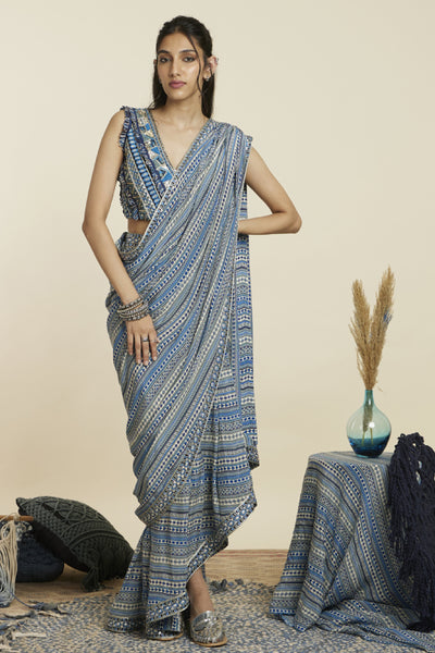 SVA Boho Stripe Print Cascade Saree with Bustier Indian designer wear online shopping melange singapore