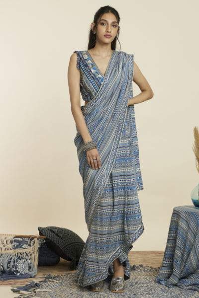 SVA Boho Stripe Print Cascade Saree with Bustier Indian designer wear online shopping melange singapore