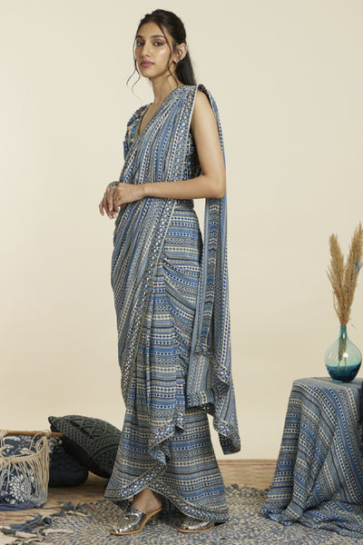 SVA Boho Stripe Print Cascade Saree with Bustier Indian designer wear online shopping melange singapore