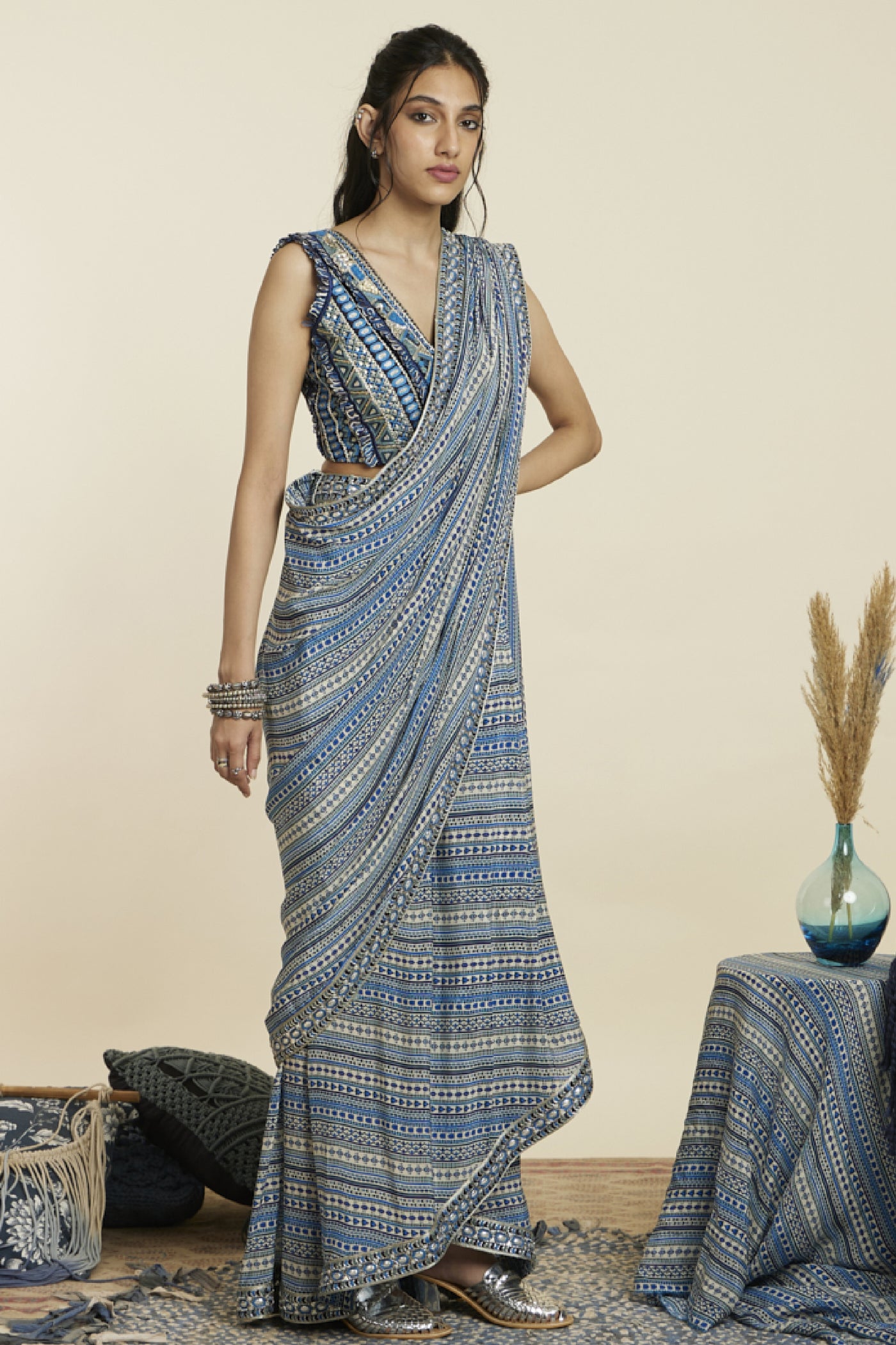 SVA Boho Stripe Print Cascade Saree with Bustier Indian designer wear online shopping melange singapore