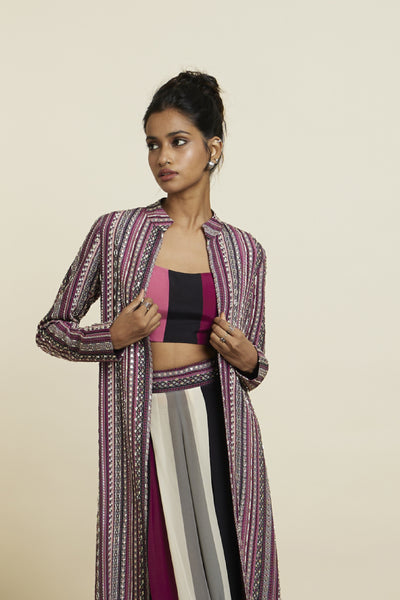 SVA Boho Stripe Print Jacket With Bustier And Pleated Pants Indian designer wear online shopping melange singapore