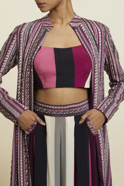 SVA Boho Stripe Print Jacket With Bustier And Pleated Pants Indian designer wear online shopping melange singapore