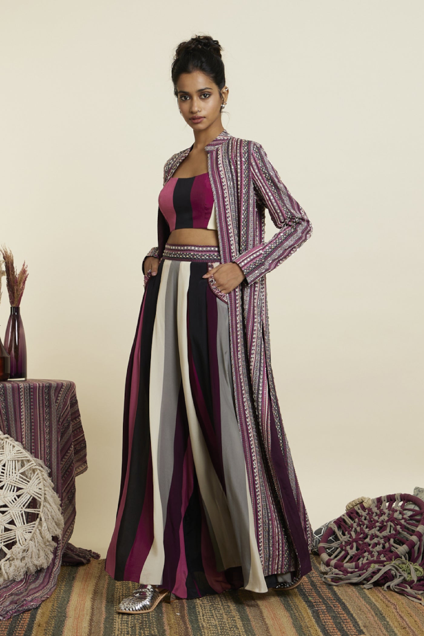 SVA Boho Stripe Print Jacket With Bustier And Pleated Pants Indian designer wear online shopping melange singapore