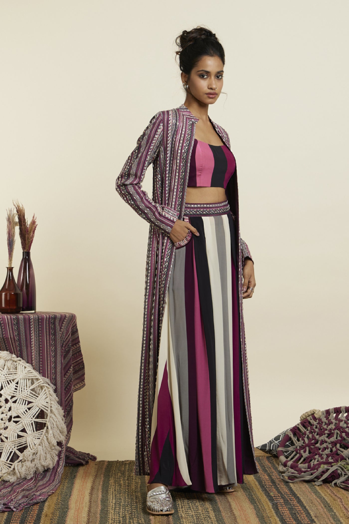 SVA Boho Stripe Print Jacket With Bustier And Pleated Pants Indian designer wear online shopping melange singapore