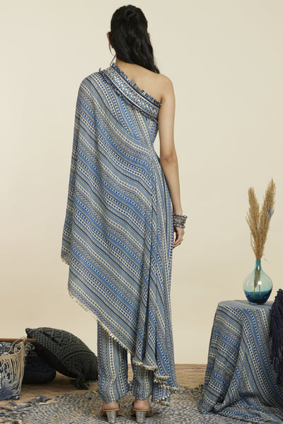 SVA Stripe Print One Shoulder Saree With PantsBoho Stripe Print One Shoulder Saree With Pants Indian designer wear online shopping melange singapore