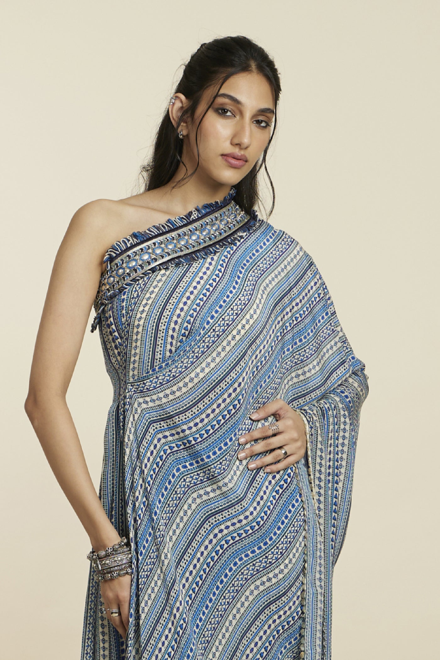 SVA Stripe Print One Shoulder Saree With PantsBoho Stripe Print One Shoulder Saree With Pants Indian designer wear online shopping melange singapore