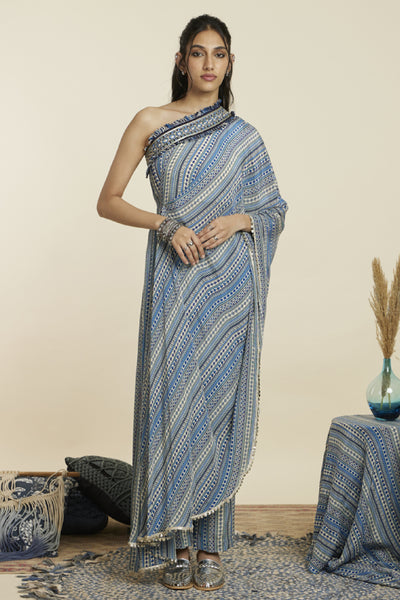 SVA Stripe Print One Shoulder Saree With PantsBoho Stripe Print One Shoulder Saree With Pants Indian designer wear online shopping melange singapore