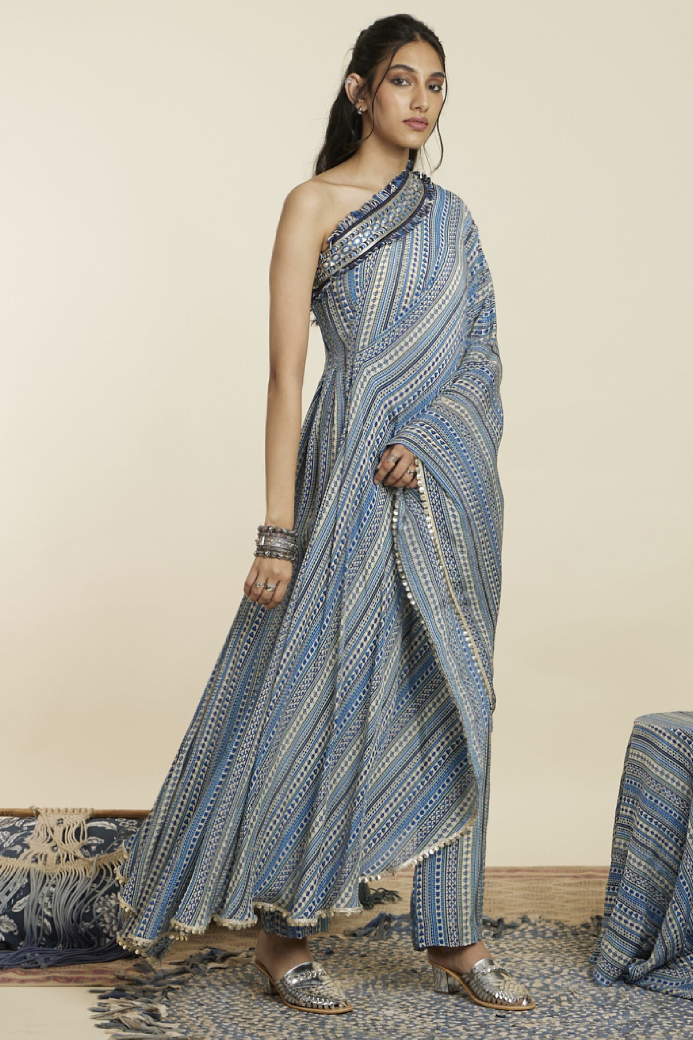 SVA Stripe Print One Shoulder Saree With PantsBoho Stripe Print One Shoulder Saree With Pants Indian designer wear online shopping melange singapore