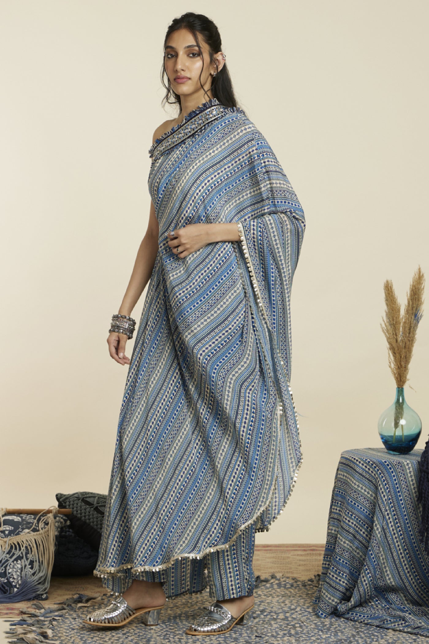 SVA Stripe Print One Shoulder Saree With PantsBoho Stripe Print One Shoulder Saree With Pants Indian designer wear online shopping melange singapore