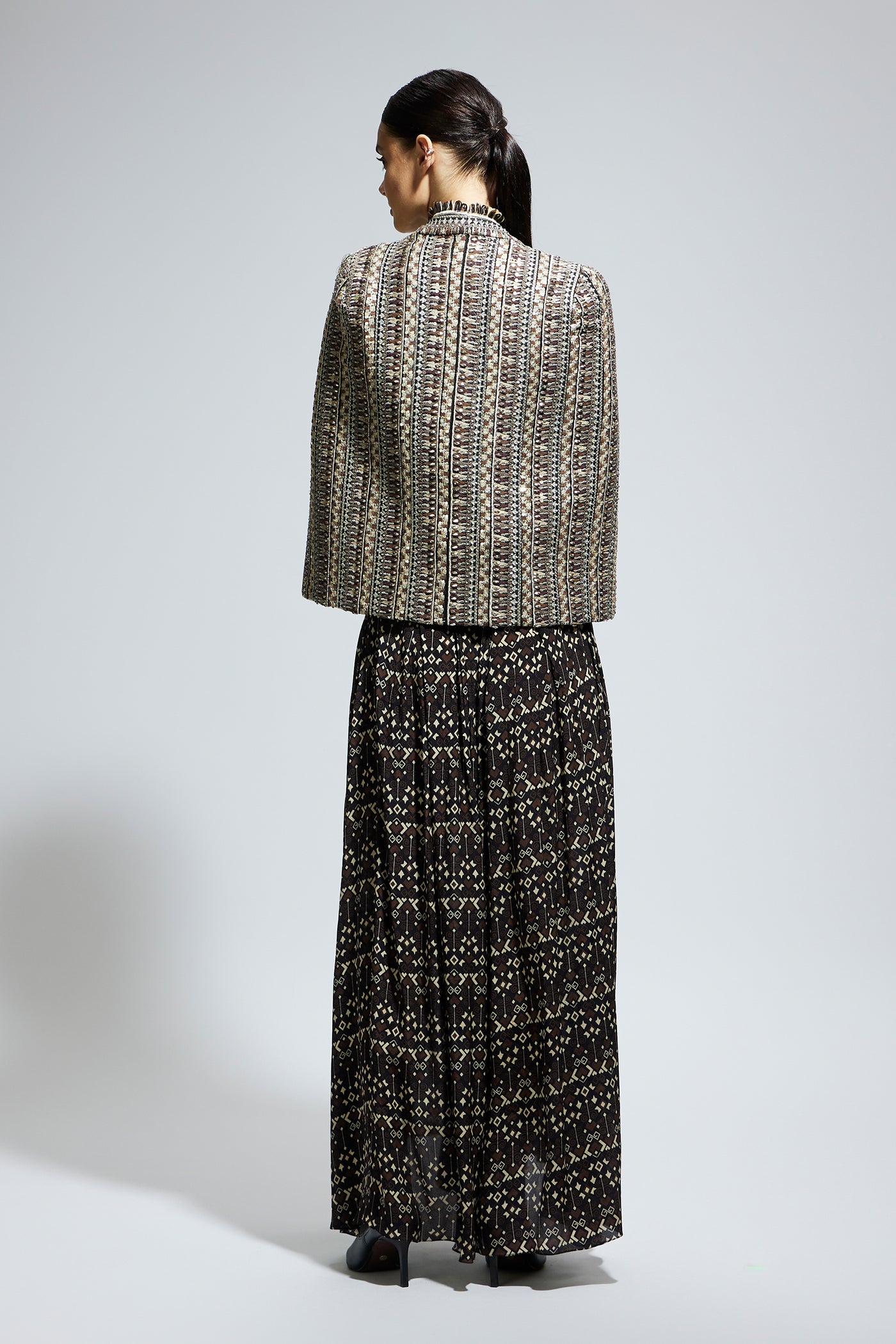 SVA Brown Threadwork Cape Jacket Set indian designer wear online shopping melange singapore