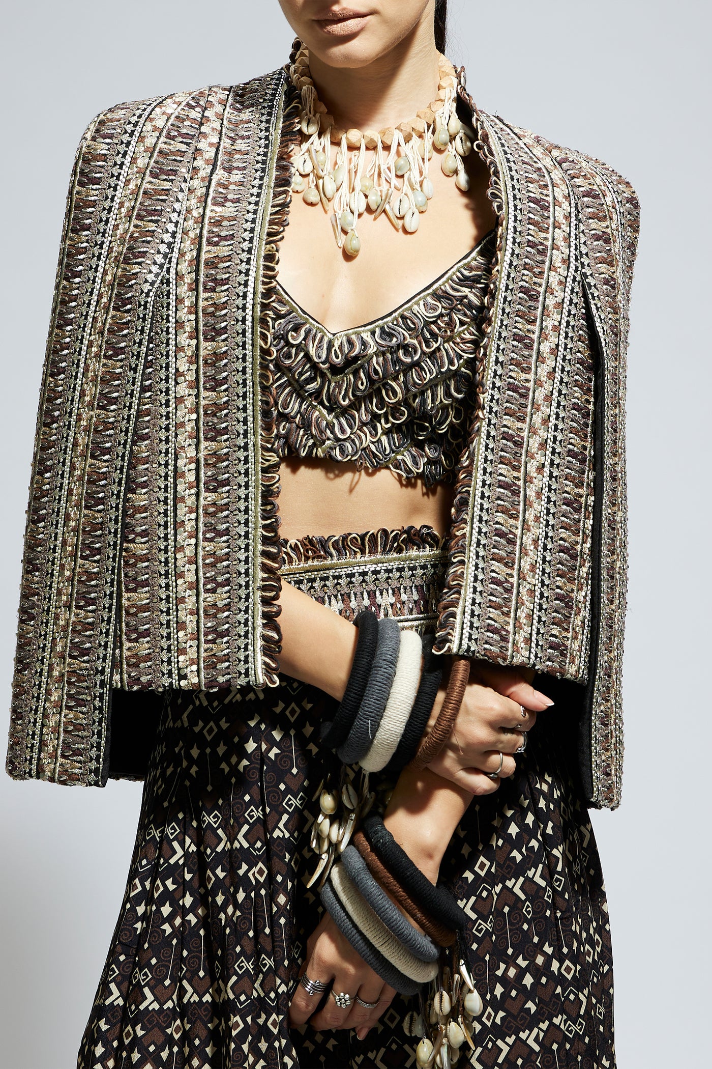 SVA Brown Threadwork Cape Jacket Set indian designer wear online shopping melange singapore