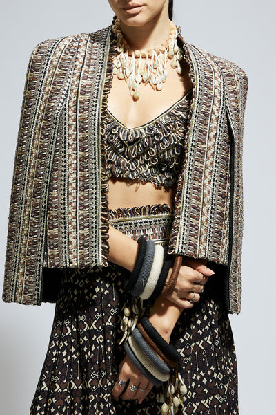 SVA Brown Threadwork Cape Jacket Set indian designer wear online shopping melange singapore