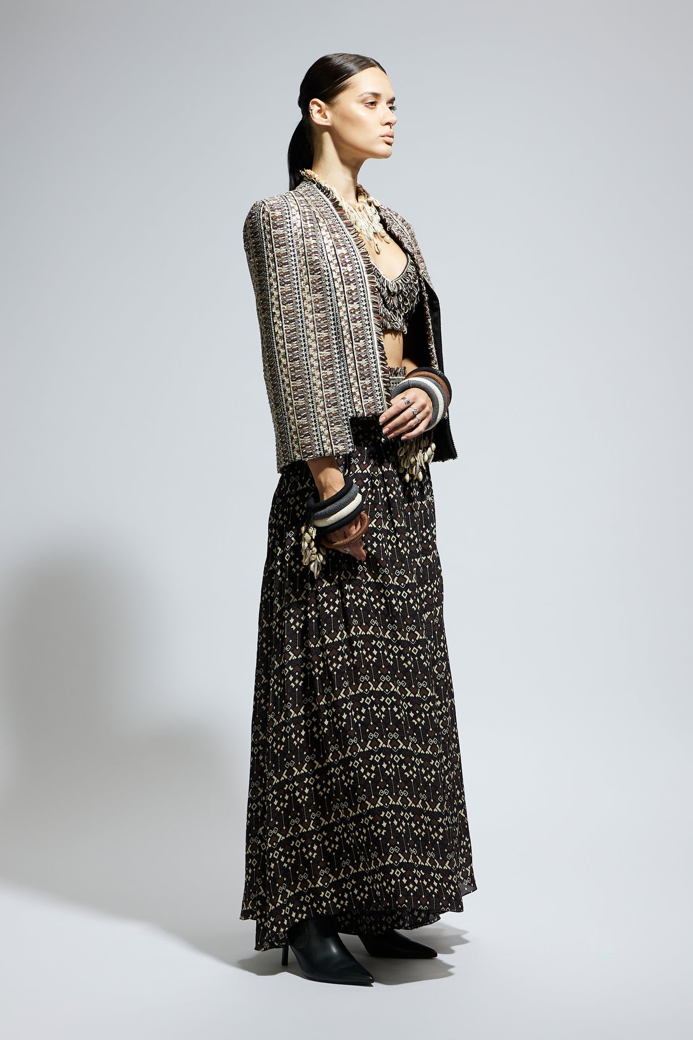 SVA Brown Threadwork Cape Jacket Set indian designer wear online shopping melange singapore