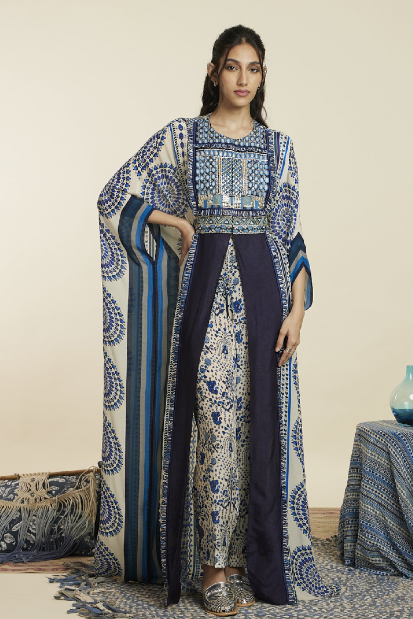 SVA Butta Stripe Embellished Yoke Front Open Kaftan With Belt And Pants Indian designer wear online shopping melange singapore