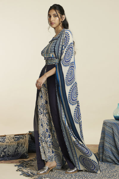 SVA Butta Stripe Embellished Yoke Front Open Kaftan With Belt And Pants Indian designer wear online shopping melange singapore