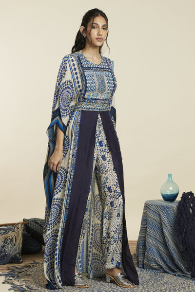 SVA Butta Stripe Embellished Yoke Front Open Kaftan With Belt And Pants Indian designer wear online shopping melange singapore