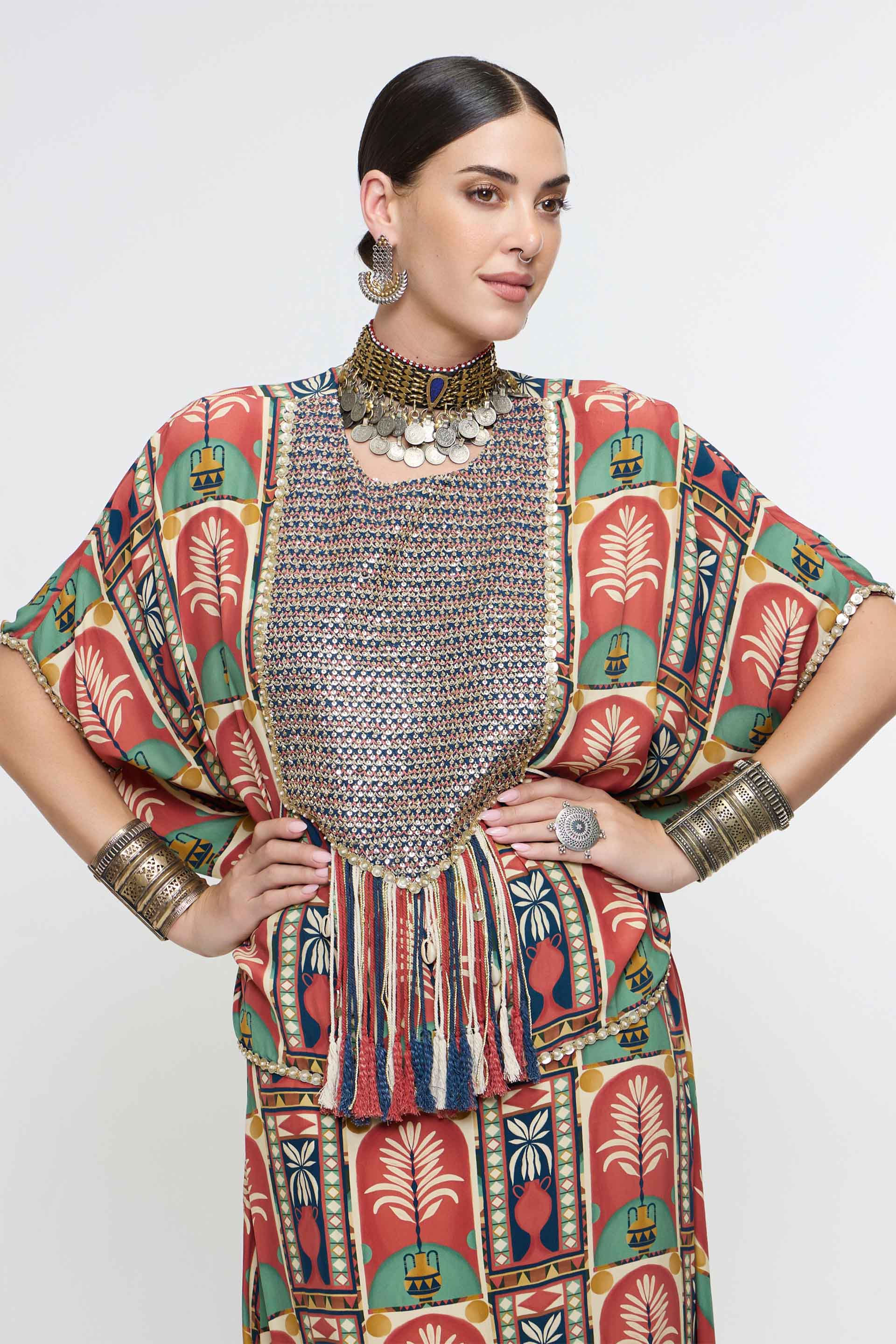 SVA Charbagh Metallic Embroidered Yoke Short Kaftan Paired Wth Drape Skirt indian designer wear online shopping melange singapore
