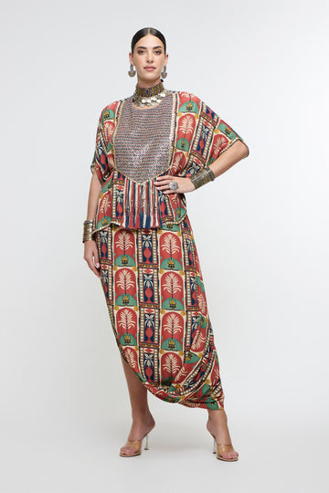 SVA Charbagh Metallic Embroidered Yoke Short Kaftan Paired Wth Drape Skirt indian designer wear online shopping melange singapore