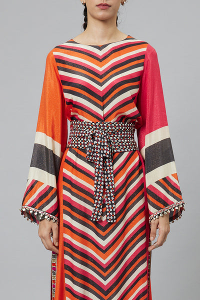 SVA Color block graphic print column dress with flared sleeves with black geomteric obi belt indian designer wear online shopping melange singapore