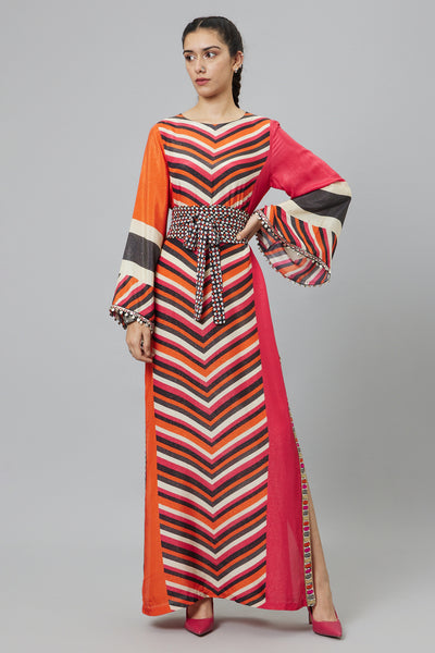 SVA Color block graphic print column dress with flared sleeves with black geomteric obi belt indian designer wear online shopping melange singapore
