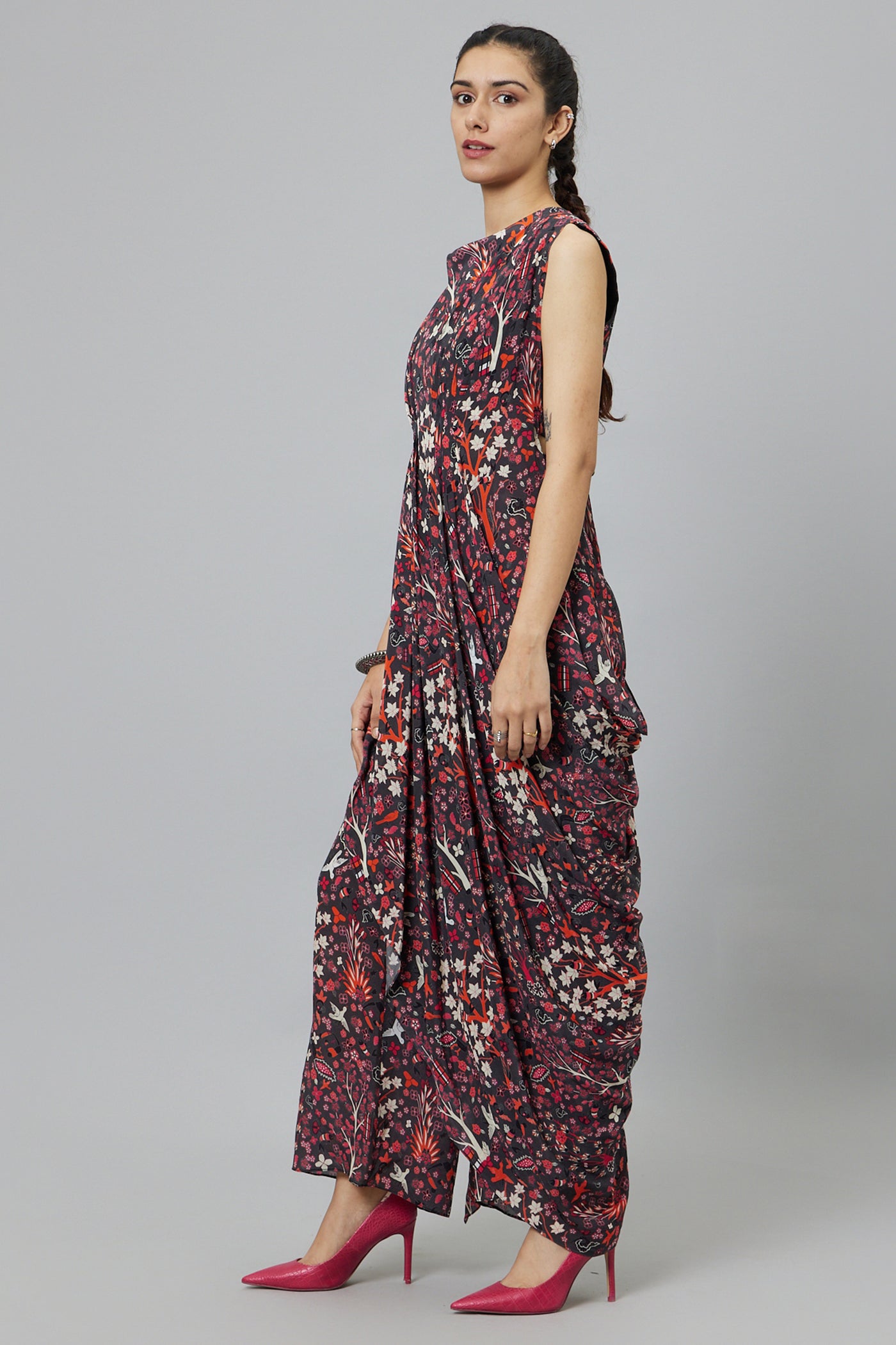 SVA Concrete jungle print crop top with attached drape with pants indian designer wear online shopping melange singapore