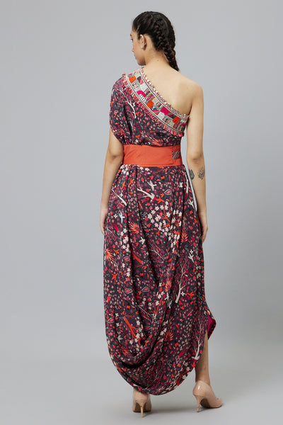 SVA Concrete Jungle Print One Shoulder Cowl Dress Teamed With A Belt indian designer wear online shopping melange singapore