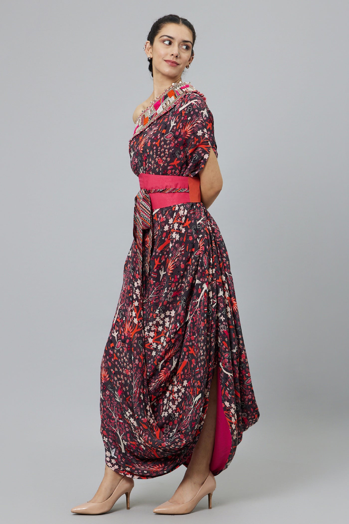 SVA Concrete Jungle Print One Shoulder Cowl Dress Teamed With A Belt indian designer wear online shopping melange singapore