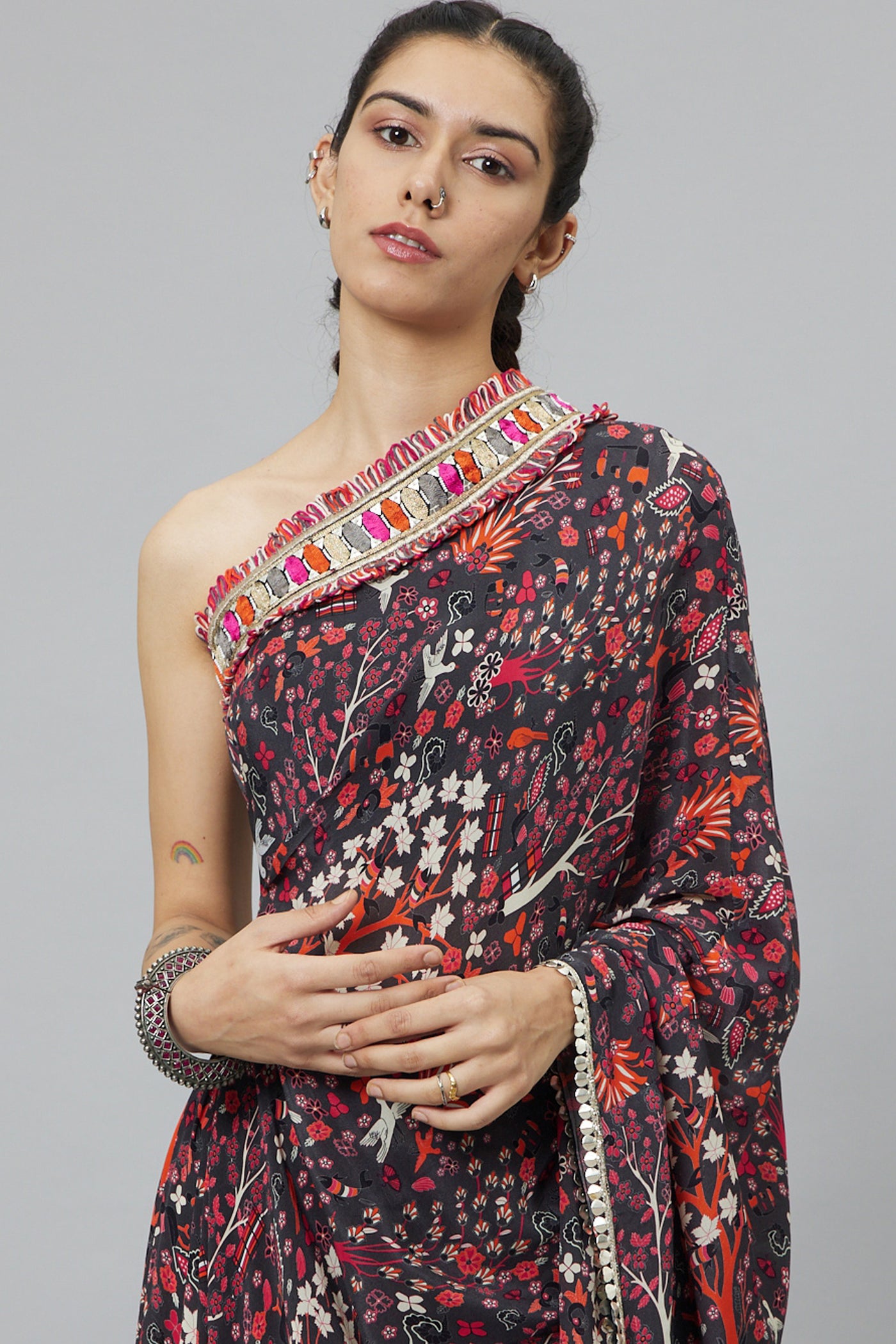 SVA Concrete Jungle Print One Shoulder Saree With Pants indian designer wear online shopping melange singapore