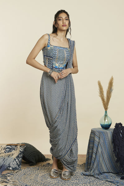 SVA Croptop Teamed With Geo Drape Skirt With Attached Drape Indian designer wear online shopping melange singapore