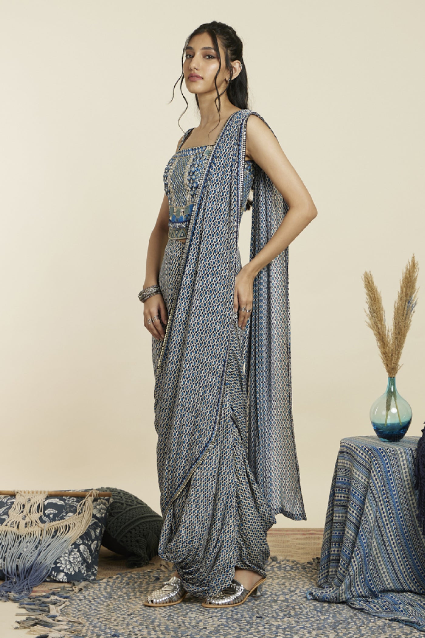 SVA Croptop Teamed With Geo Drape Skirt With Attached Drape Indian designer wear online shopping melange singapore