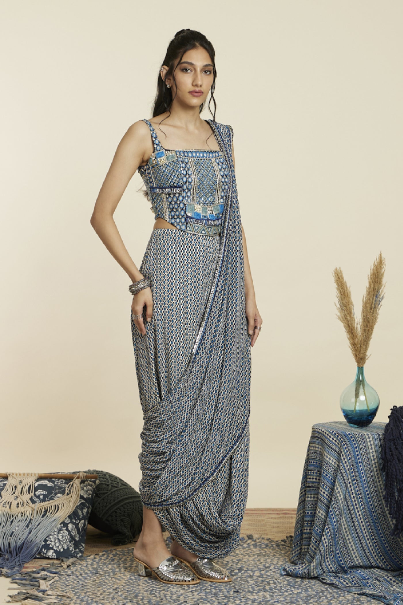 SVA Croptop Teamed With Geo Drape Skirt With Attached Drape Indian designer wear online shopping melange singapore