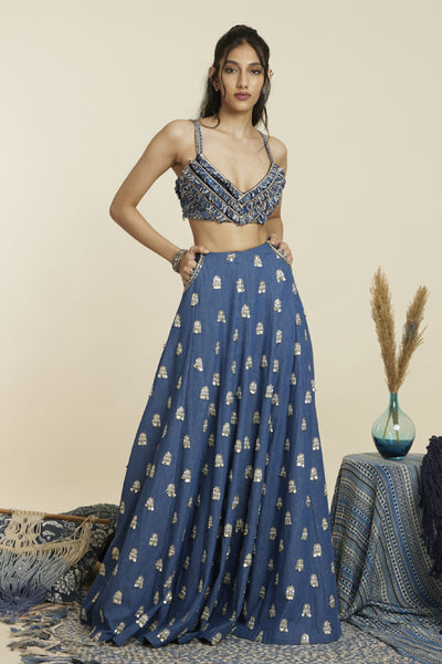 SVA Denim Lehenga Teamted With Bustier And Noor Jacket Indian designer wear online shopping melange singapore