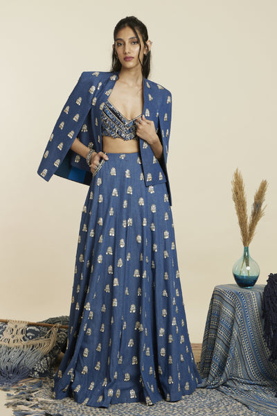 SVA Denim Lehenga Teamted With Bustier And Noor Jacket Indian designer wear online shopping melange singapore