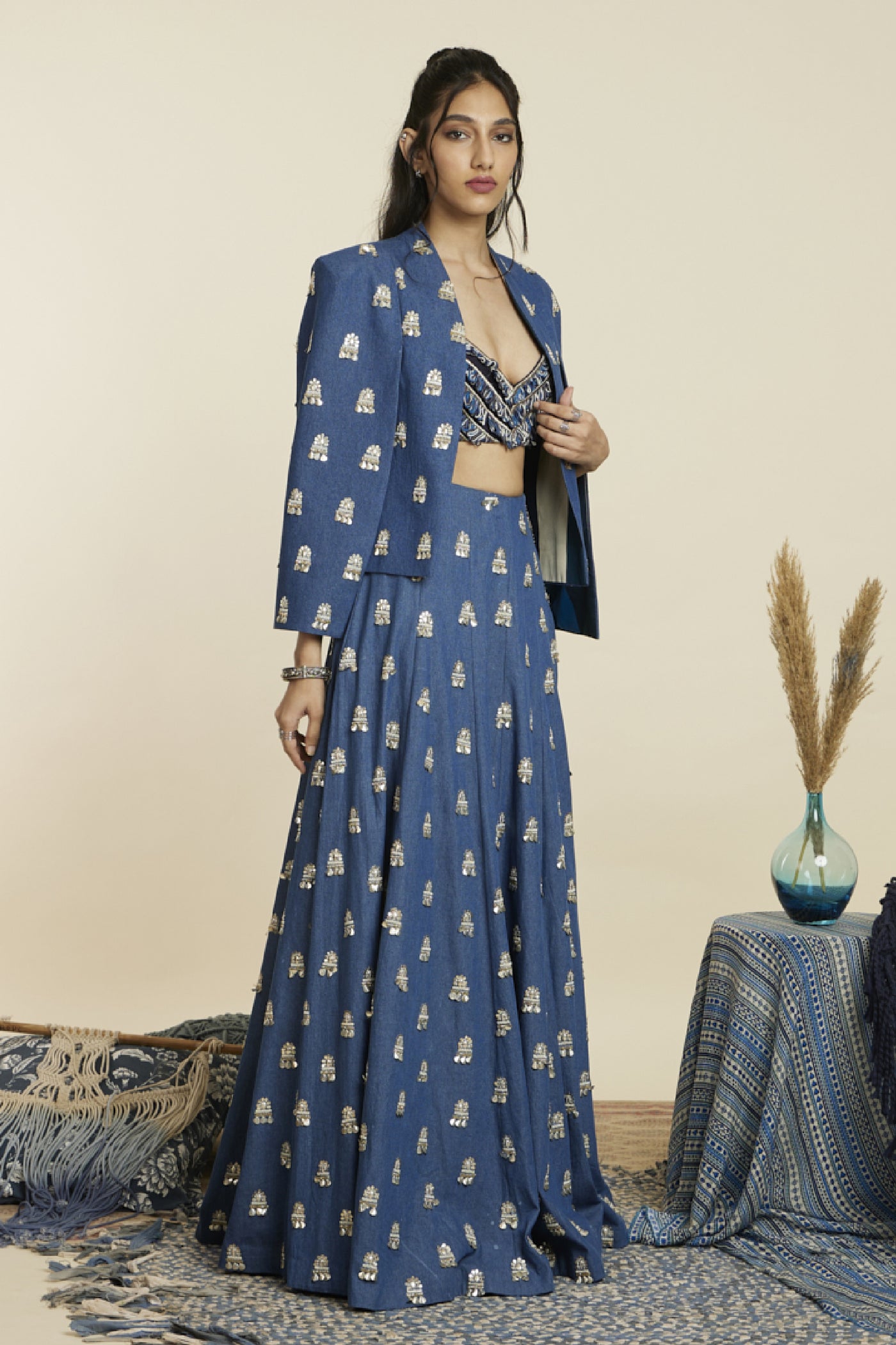 SVA Denim Lehenga Teamted With Bustier And Noor Jacket Indian designer wear online shopping melange singapore