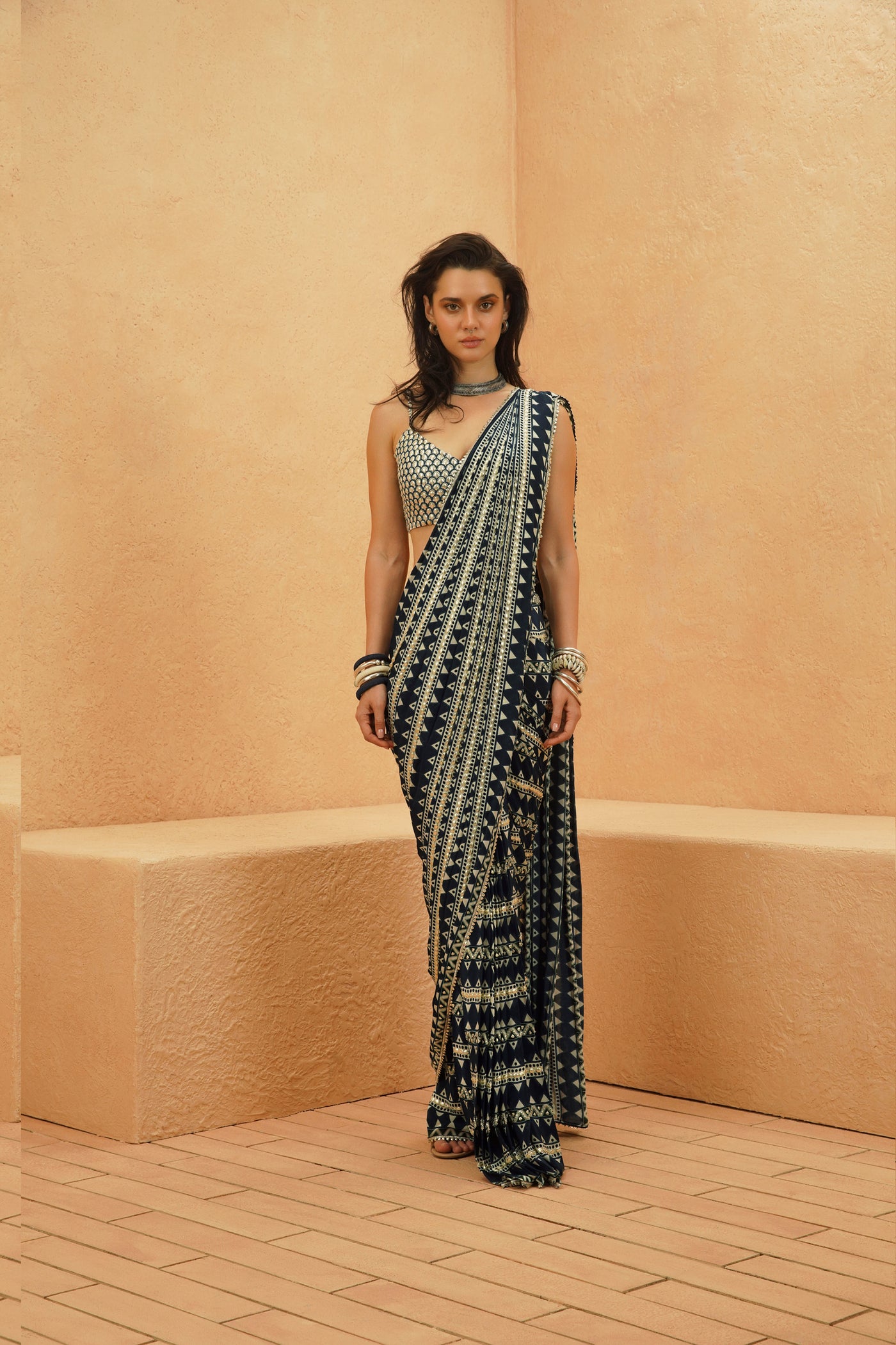 SVA Fariha Embellished Saree With Metallic Blouse And Cape Jacket indian designer wear online shopping melange singapore
