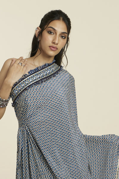 SVA Geo Print One Shoulder Saree With Pants Indian designer wear online shopping melange singapore