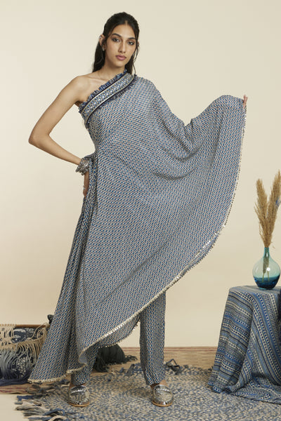 SVA Geo Print One Shoulder Saree With Pants Indian designer wear online shopping melange singapore