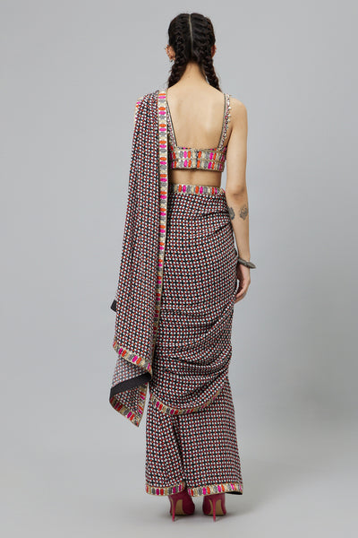 SVA Black Geometric Print Cascase Saree Teamed With Embellished Bustier indian designer wear online shopping melange singapore