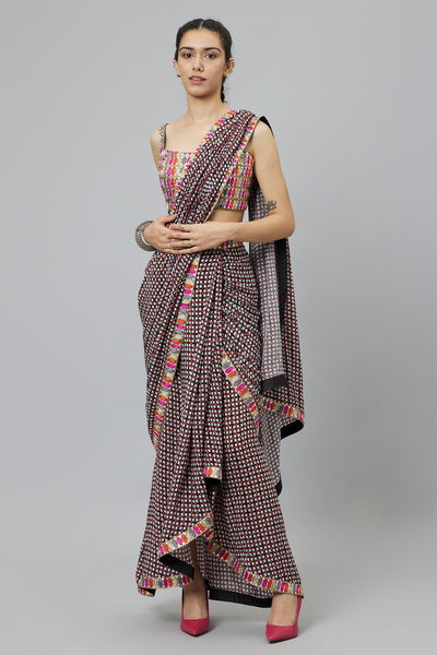 SVA Black Geometric Print Cascase Saree Teamed With Embellished Bustier indian designer wear online shopping melange singapore