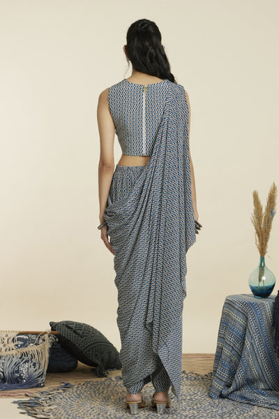 SVA Geometric Print Crop Top With Attached Drape With Pants Indian designer wear online shopping melange singapore