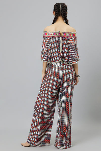 SVA Black Geometric Print Off-shoulder Jumpsuit With Attached Cape indian designer wear online shopping melange singapore