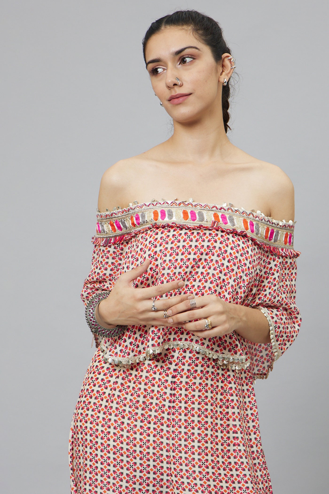 SVA Ivory Geometric Print Off-shoulder Jumpsuit With Attached Cape indian designer wear online shopping melange singapore