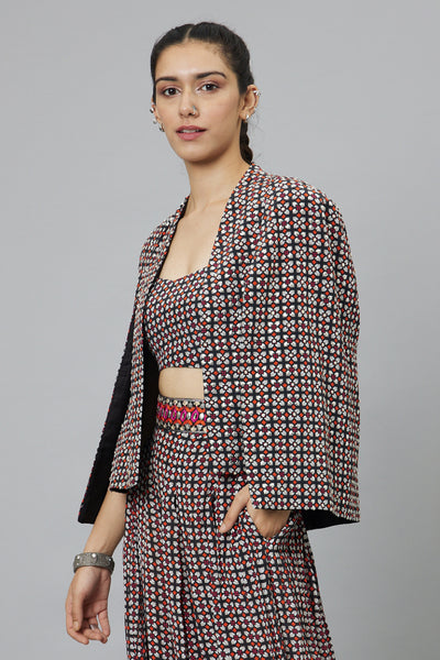 SVA Geometric Print Structured Cape Jacket With Pants And Bustier indian designer wear online shopping melange singapore
