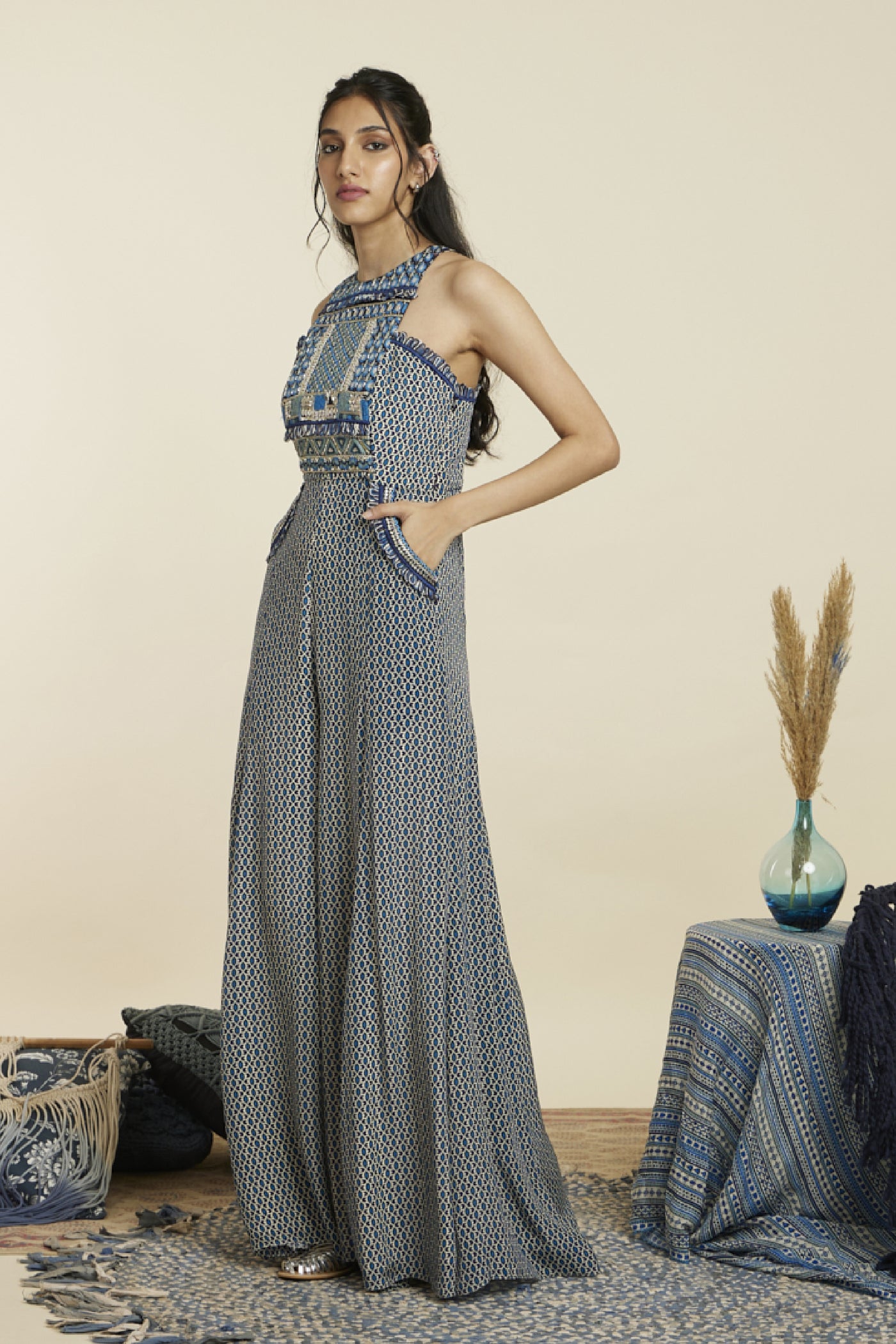 SVA Geometric Print Yoke Style Jumpsuit Indian designer wear online shopping melange singapore