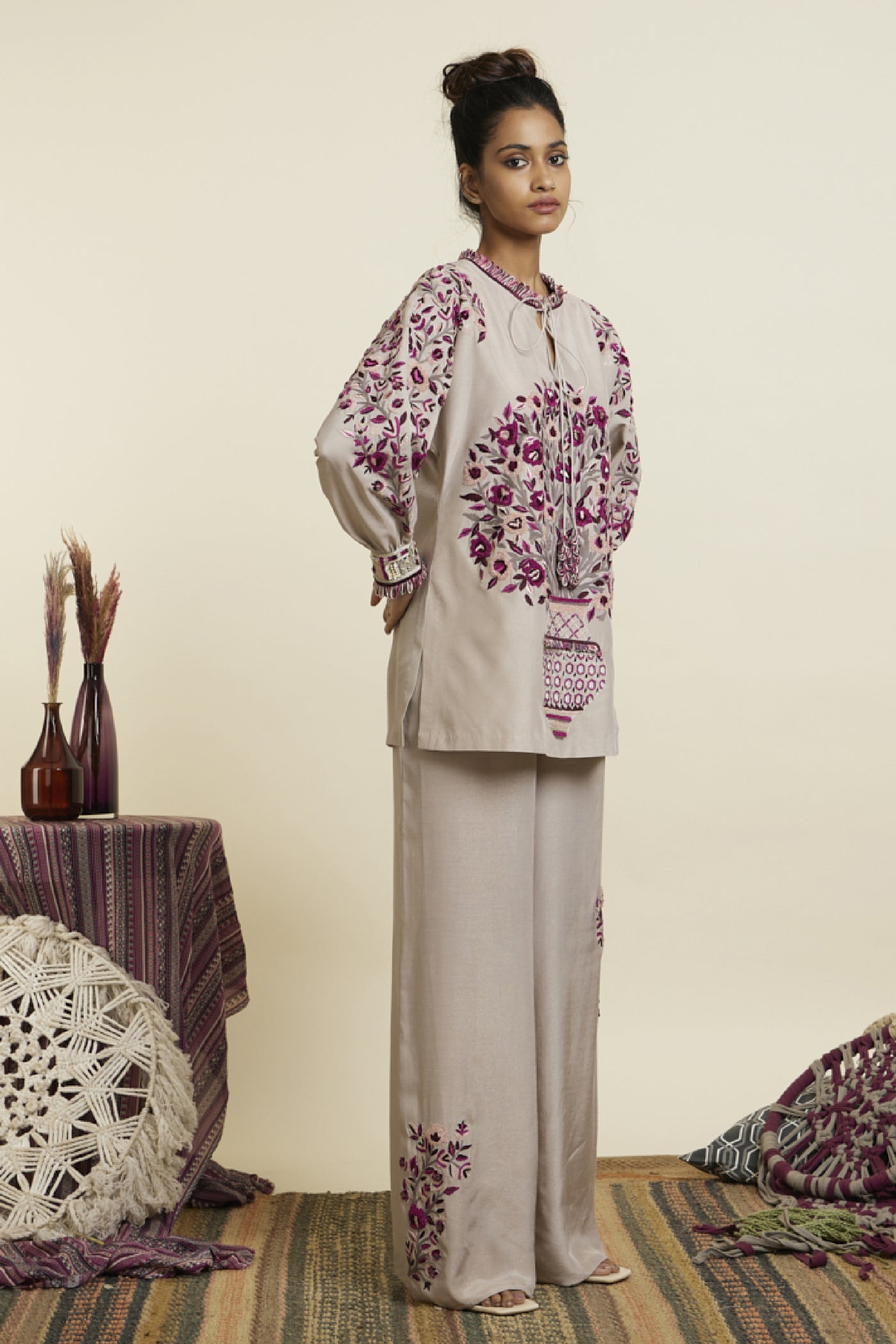 SVA Grey Dolmain Sleeves Threadwork Coord Set Indian designer wear online shopping melange singapore