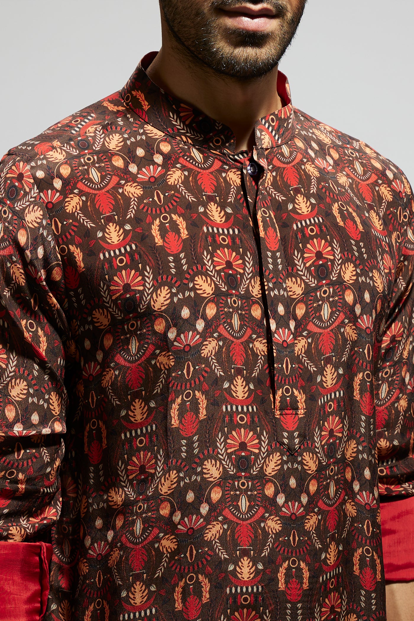 SVA Grey Jaal Print Rolled Up Sleeves Kurta indian designer wear online shopping melange singapore