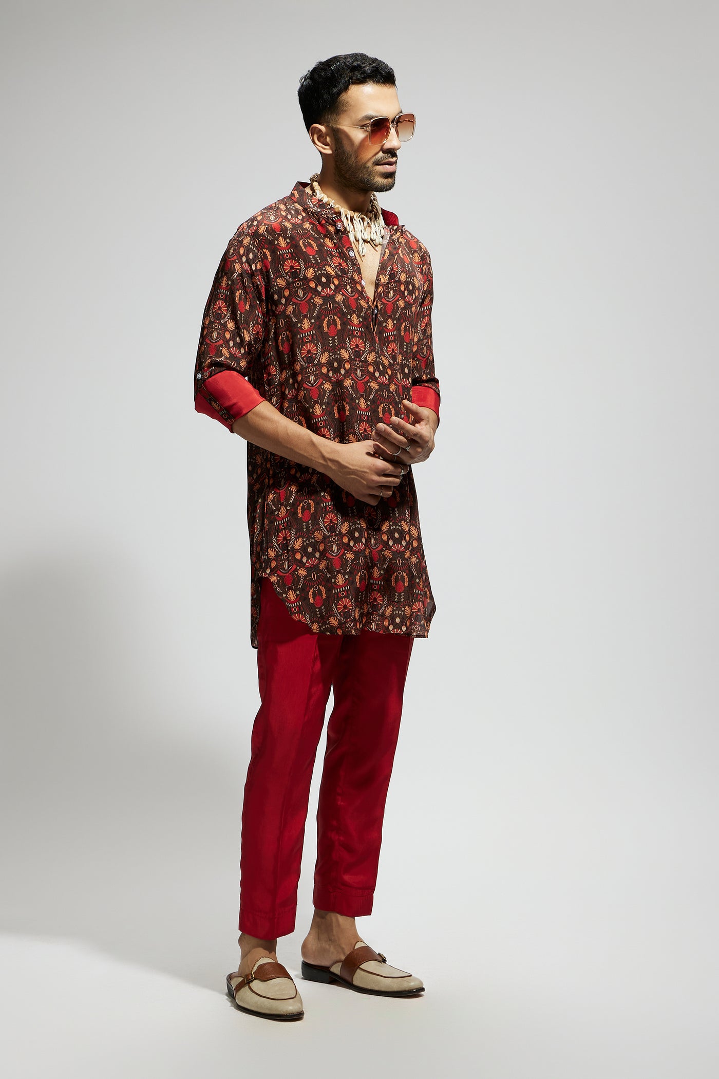 SVA Grey Jaal Print Rolled Up Sleeves Kurta indian designer wear online shopping melange singapore