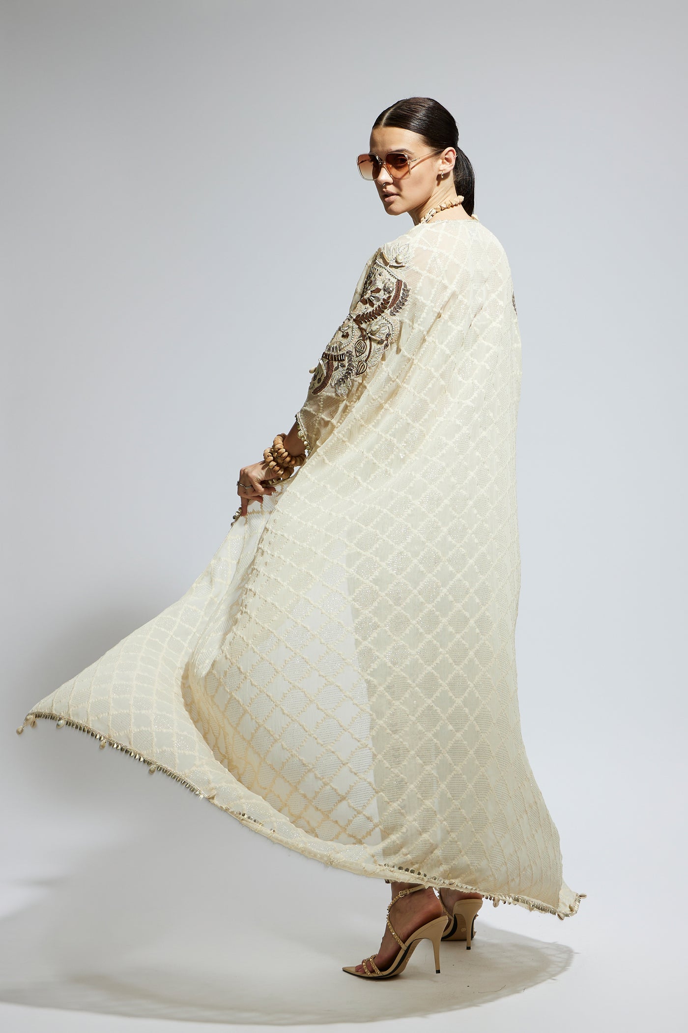 SVA Ivory Aztec Embellished Cape Set indian designer wear online shopping melange singapore