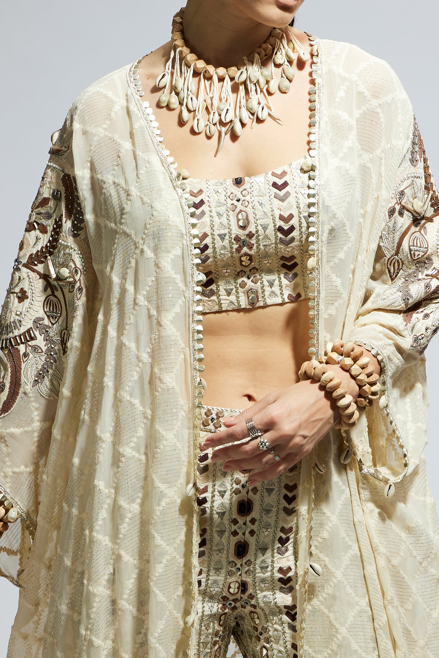 SVA Ivory Aztec Embellished Cape Set indian designer wear online shopping melange singapore
