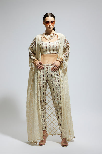 SVA Ivory Aztec Embellished Cape Set indian designer wear online shopping melange singapore